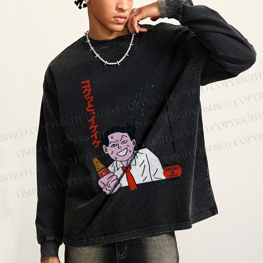 Unisex Japanese Man Beer Graffiti Casual Washed Printed Long Sleeve T-shirt