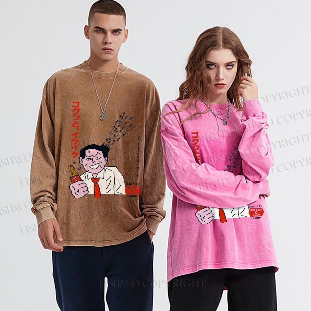 Unisex Japanese Man Beer Graffiti Casual Washed Printed Long Sleeve T-shirt