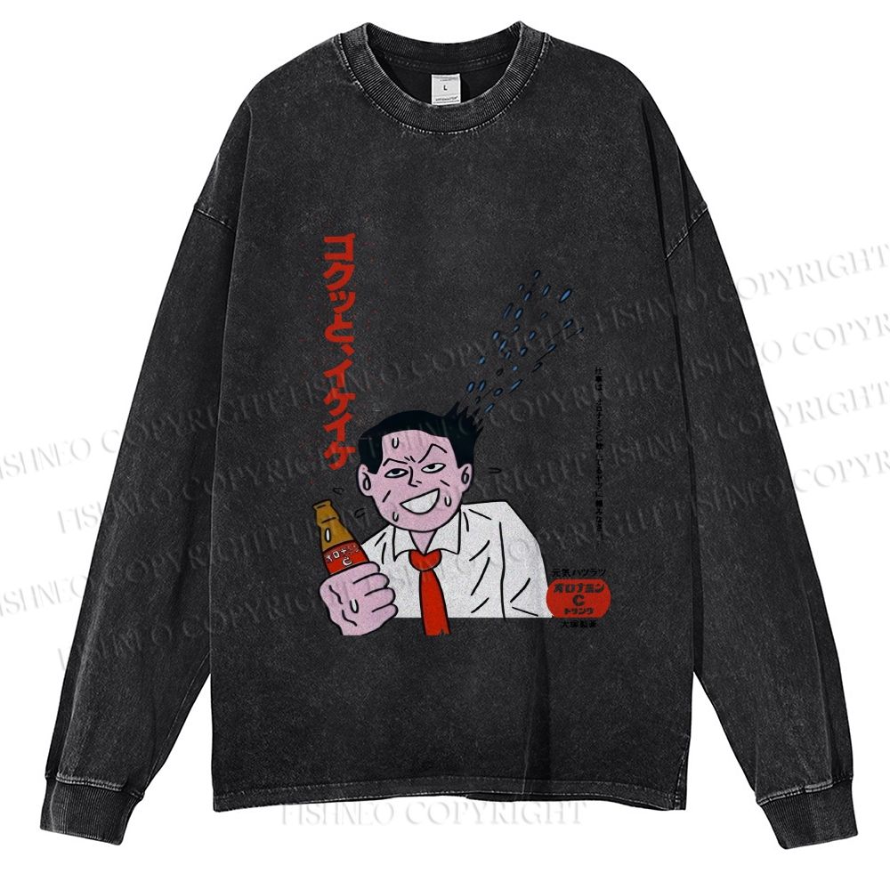 Unisex Japanese Man Beer Graffiti Casual Washed Printed Long Sleeve T-shirt