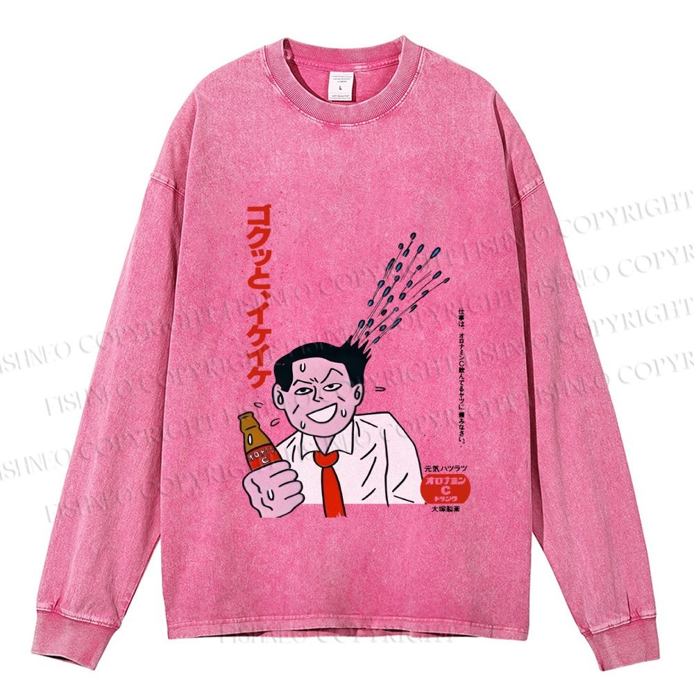 Unisex Japanese Man Beer Graffiti Casual Washed Printed Long Sleeve T-shirt