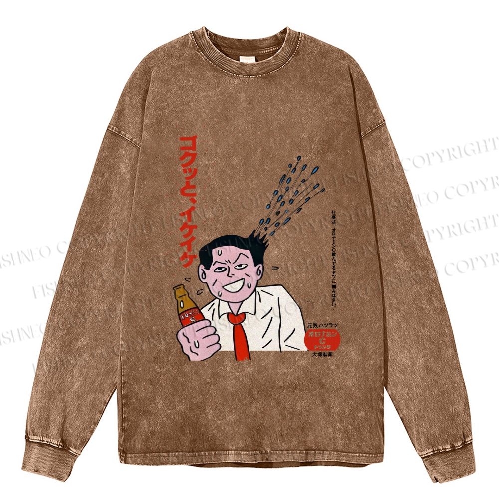 Unisex Japanese Man Beer Graffiti Casual Washed Printed Long Sleeve T-shirt