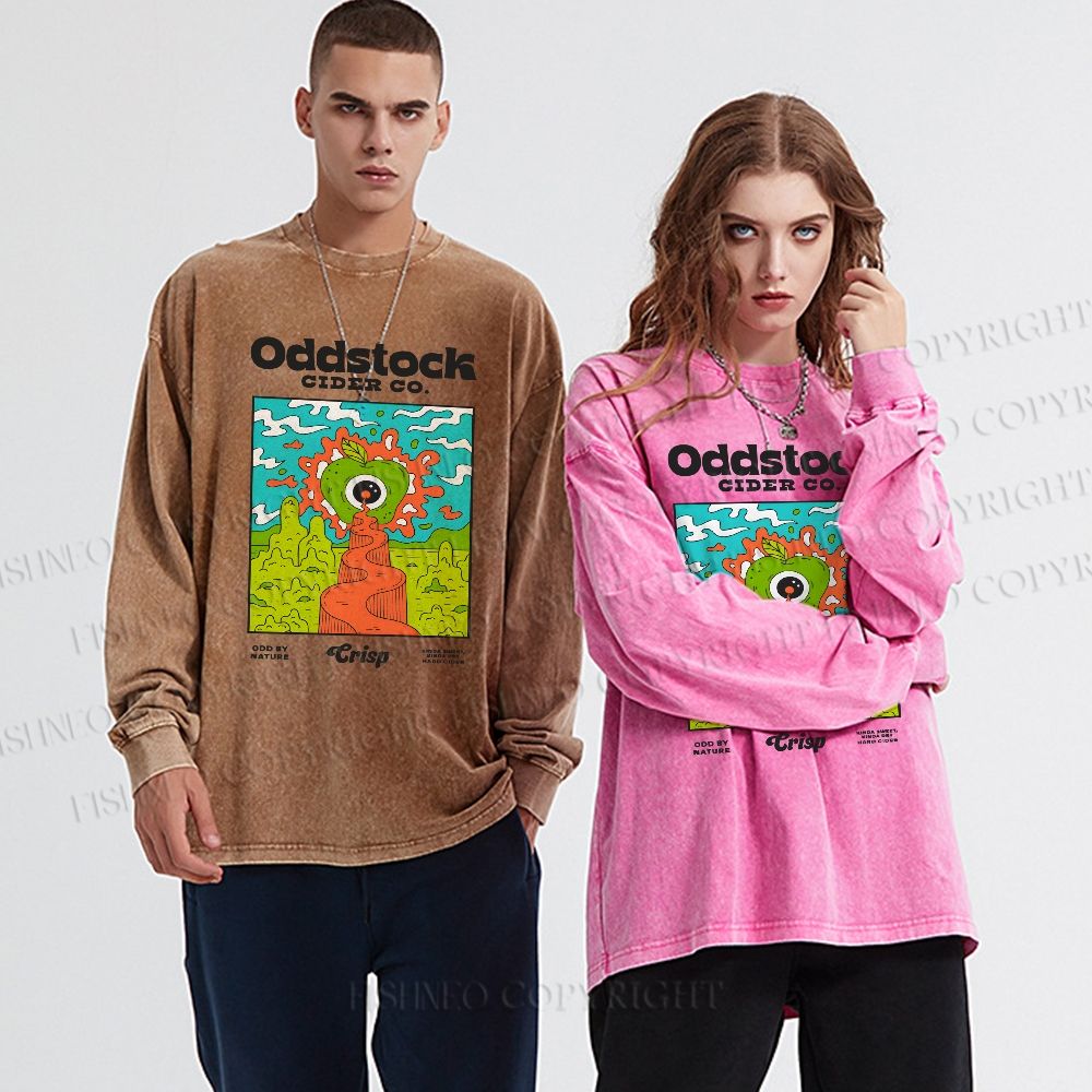 Unisex Vintage Apple Cider Graffiti Casual Washed Printed Long Sleeve T-shirt