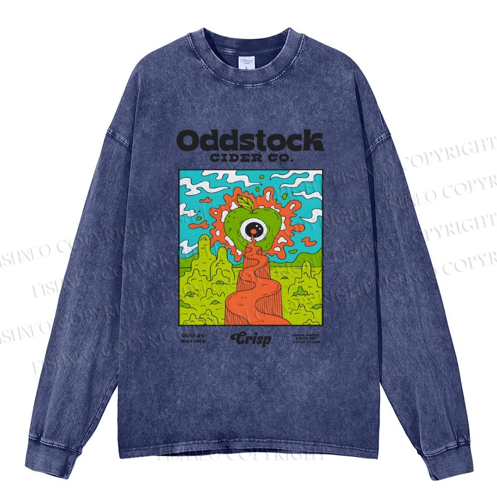Unisex Vintage Apple Cider Graffiti Casual Washed Printed Long Sleeve T-shirt