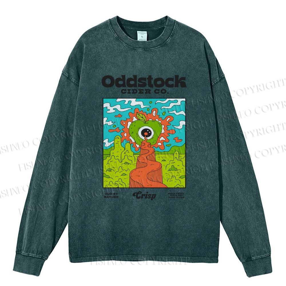 Unisex Vintage Apple Cider Graffiti Casual Washed Printed Long Sleeve T-shirt
