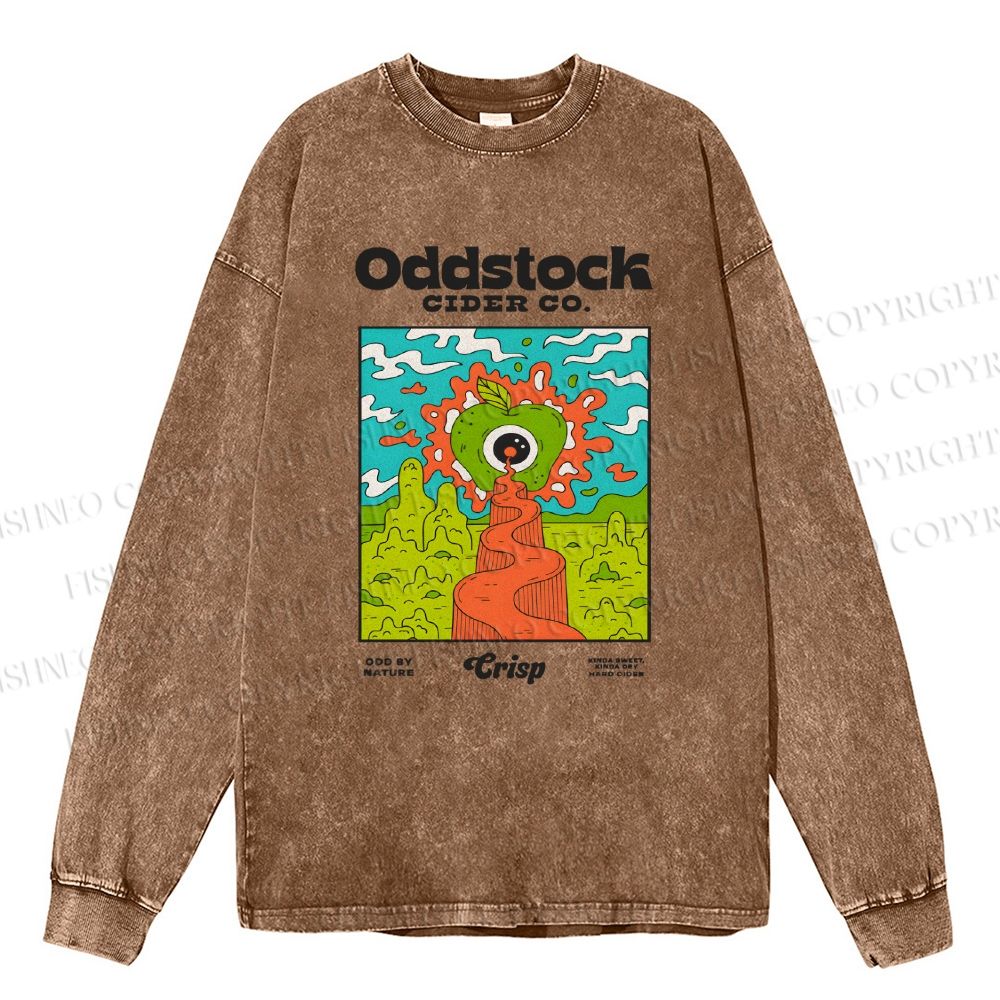 Unisex Vintage Apple Cider Graffiti Casual Washed Printed Long Sleeve T-shirt