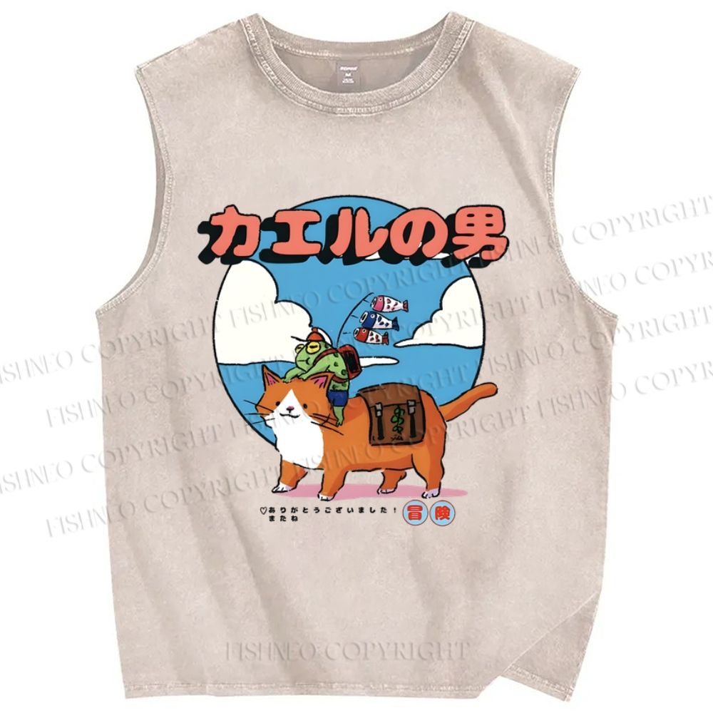 Unisex Cartoon Cat Frog Man Printed Washed Tank Top