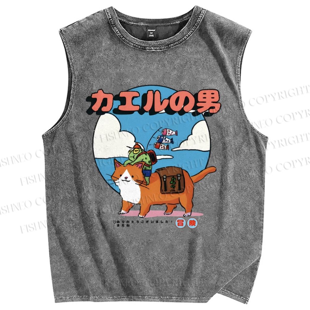 Unisex Cartoon Cat Frog Man Printed Washed Tank Top