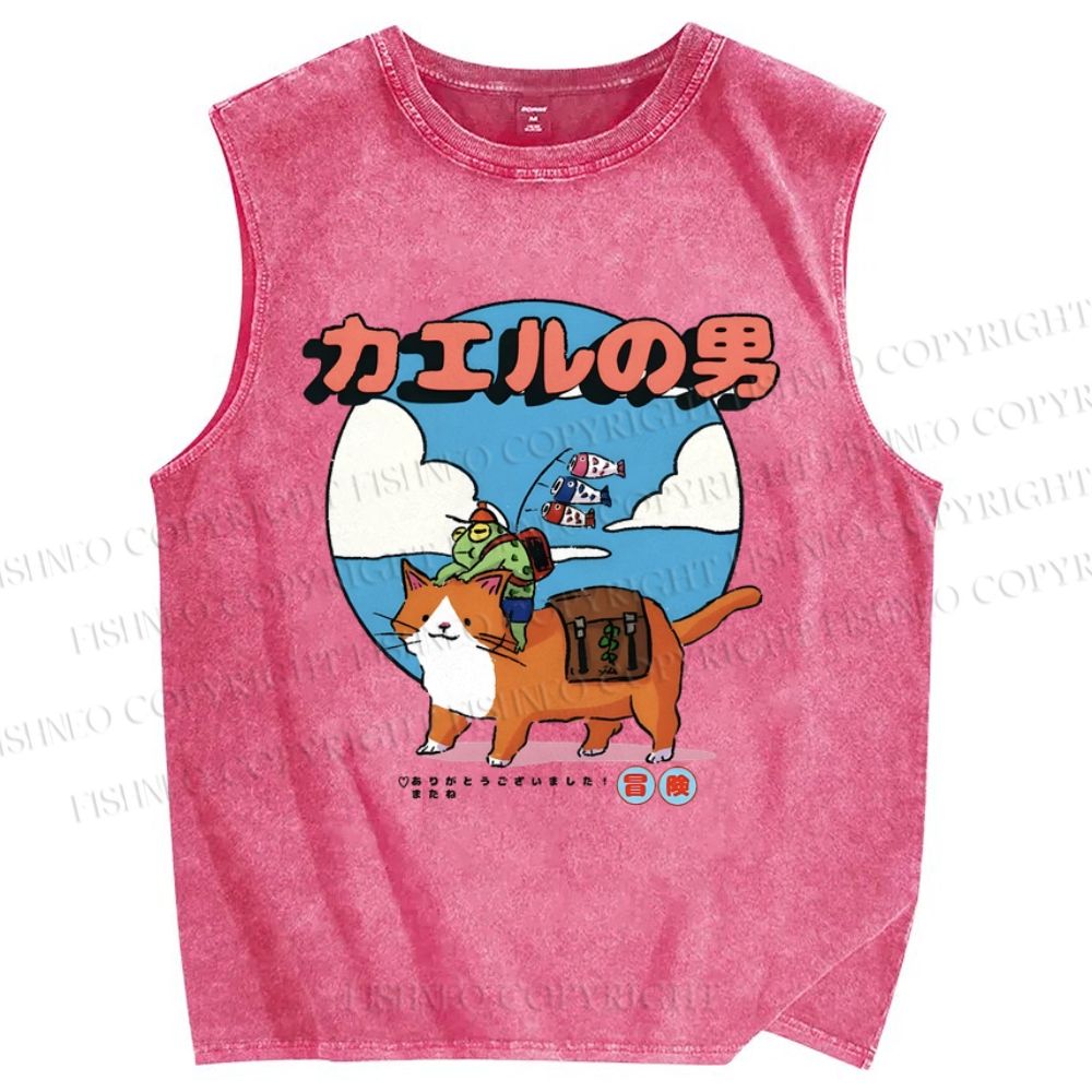 Unisex Cartoon Cat Frog Man Printed Washed Tank Top