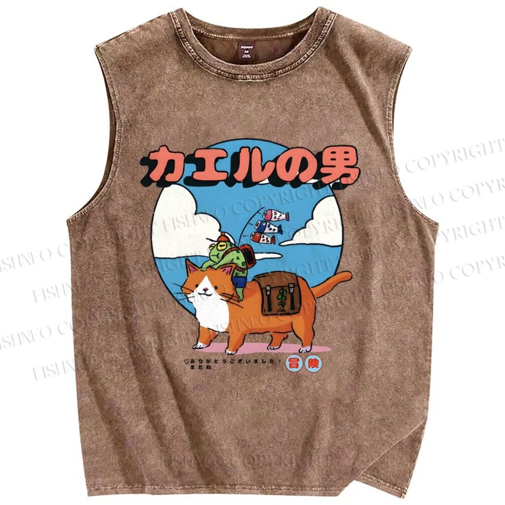 Unisex Cartoon Cat Frog Man Printed Washed Tank Top