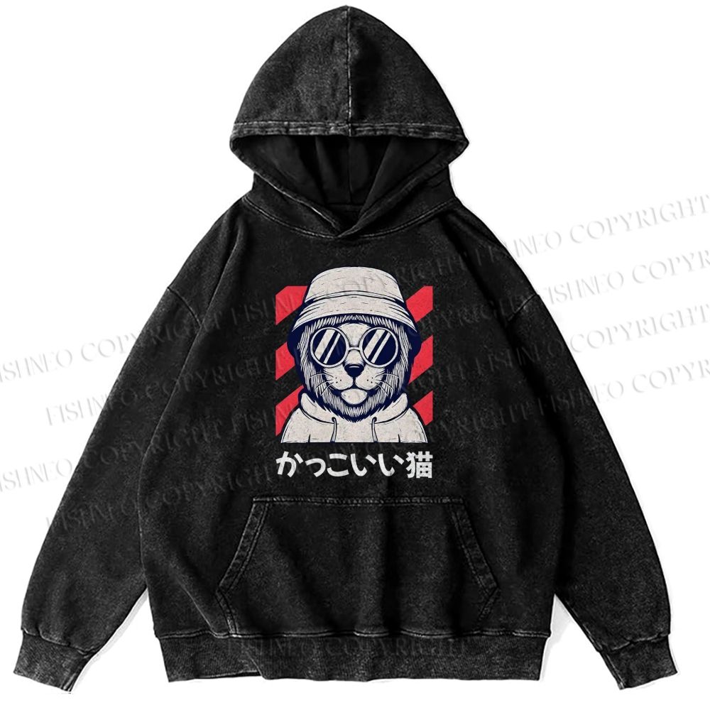 Unisex Cat Vintage Printed Washed Cotton Hoodie