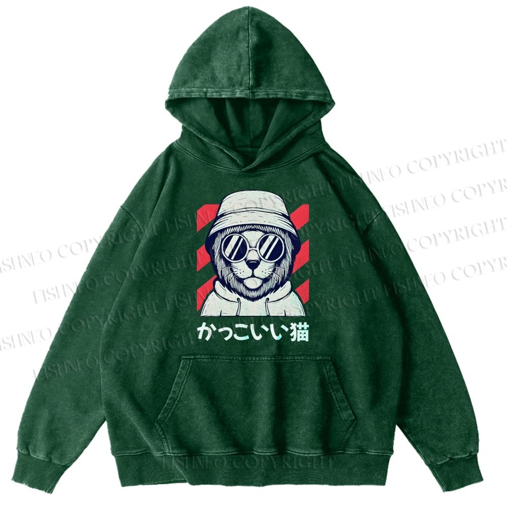 Unisex Cat Vintage Printed Washed Cotton Hoodie