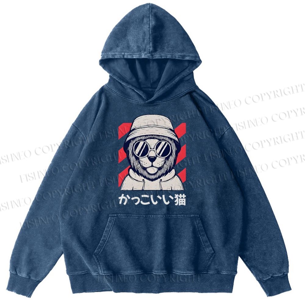 Unisex Cat Vintage Printed Washed Cotton Hoodie