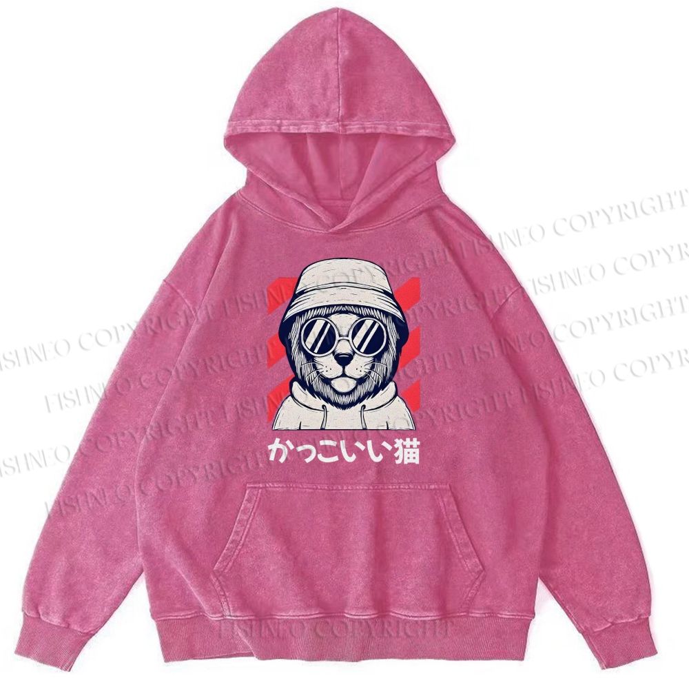 Unisex Cat Vintage Printed Washed Cotton Hoodie