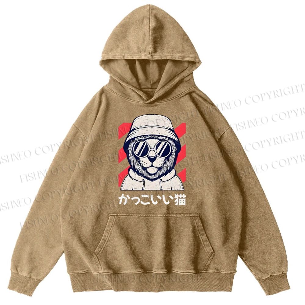 Unisex Cat Vintage Printed Washed Cotton Hoodie