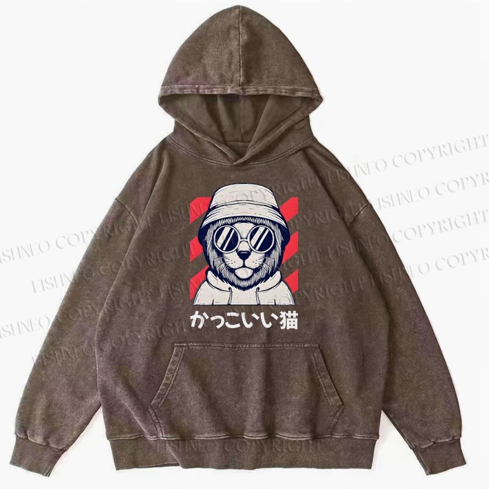 Unisex Cat Vintage Printed Washed Cotton Hoodie