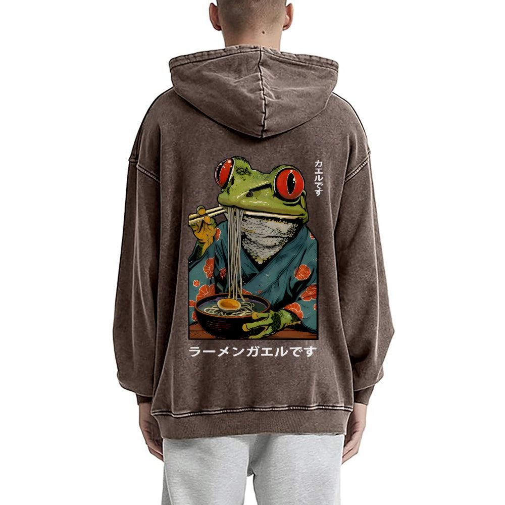 Frog Ramen Vintage Washed Cotton Back Art Hoodie
