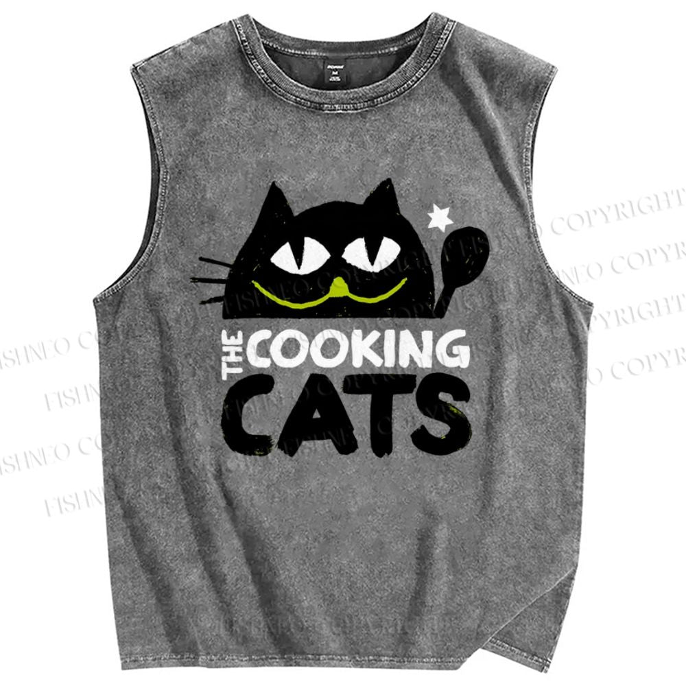 Unisex The Cooking Cat Printed Washed Tank Top