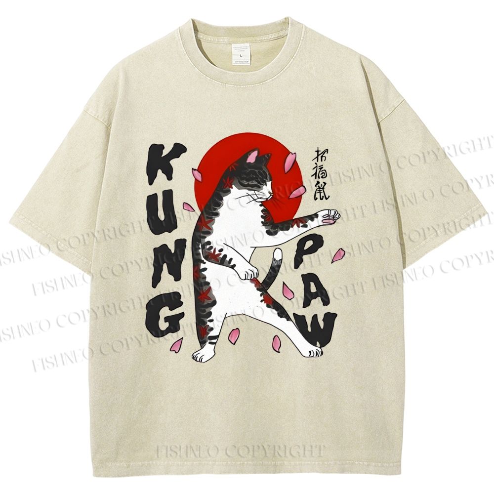 Unisex Kung Fu Cat Printed Washed Tee