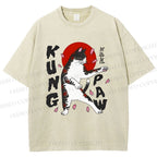 Unisex Kung Fu Cat Printed Washed Tee