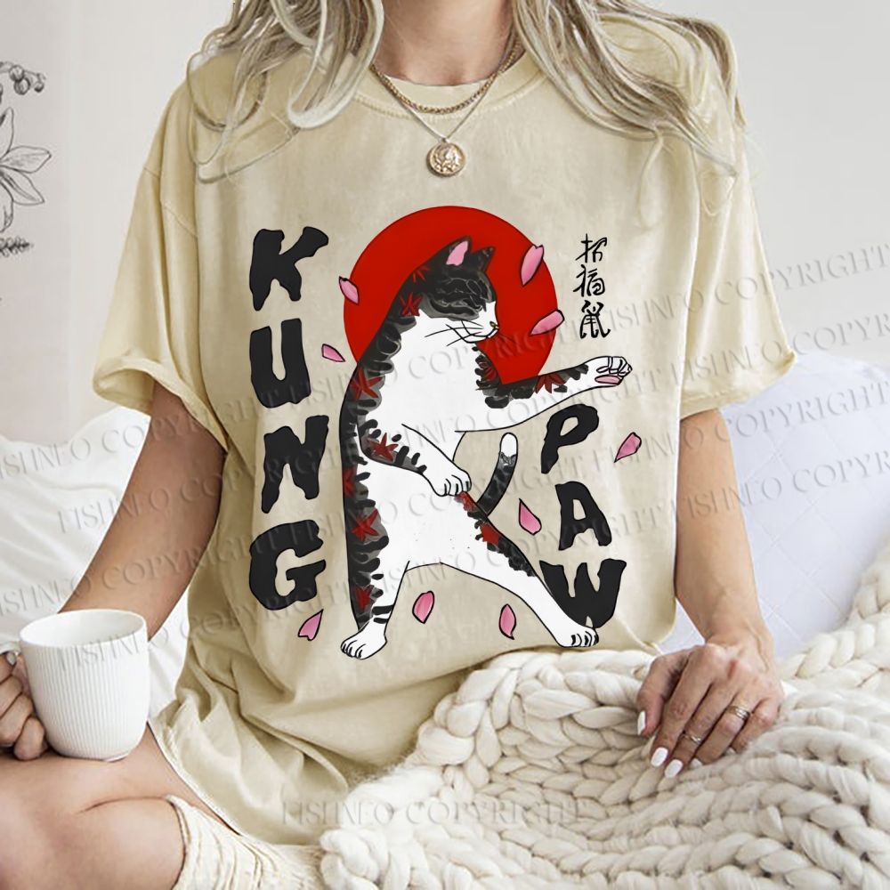 Unisex Kung Fu Cat Printed Washed Tee