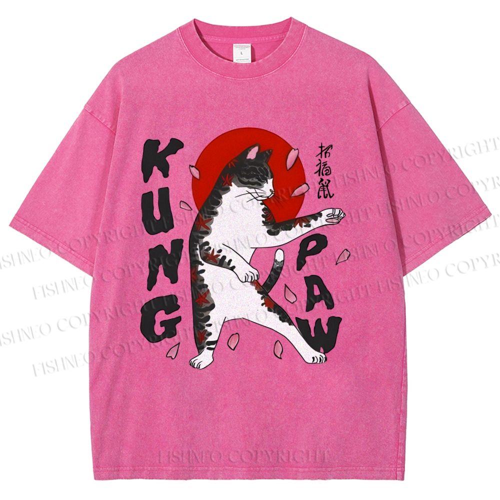 Unisex Kung Fu Cat Printed Washed Tee