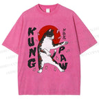 Unisex Kung Fu Cat Printed Washed Tee