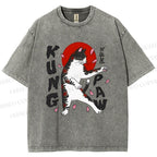 Unisex Kung Fu Cat Printed Washed Tee