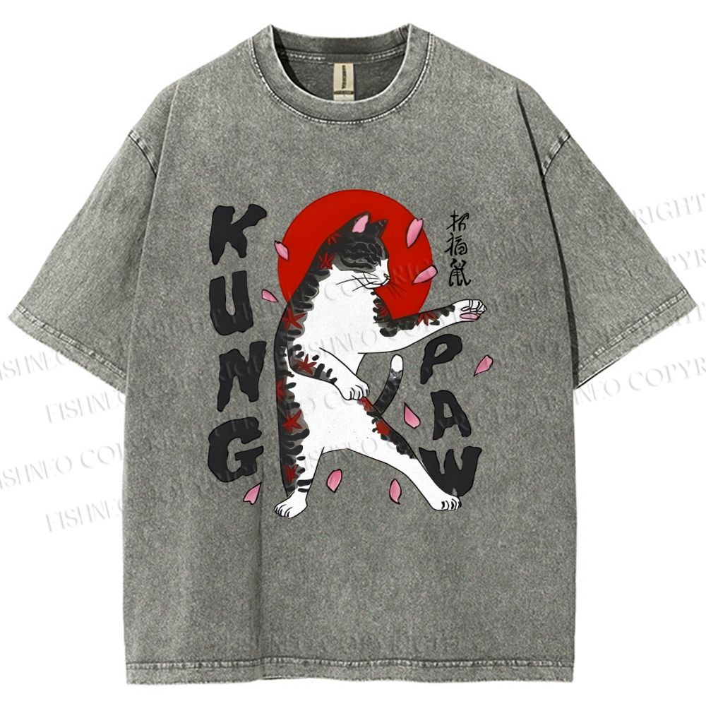 Unisex Kung Fu Cat Printed Washed Tee