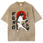 Unisex Kung Fu Cat Printed Washed Tee
