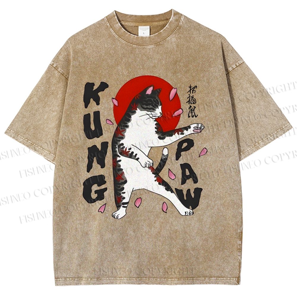 Unisex Kung Fu Cat Printed Washed Tee