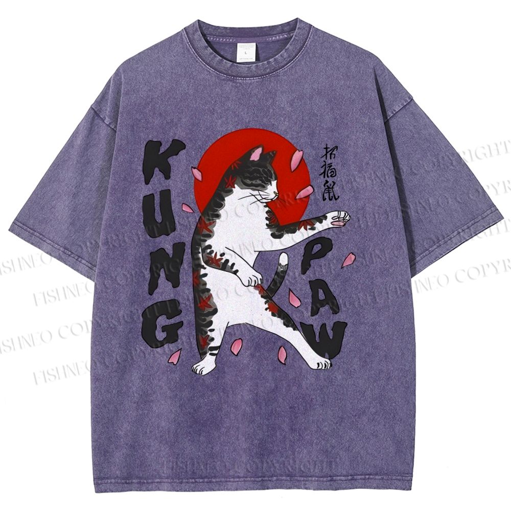Unisex Kung Fu Cat Printed Washed Tee