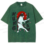 Unisex Kung Fu Cat Printed Washed Tee