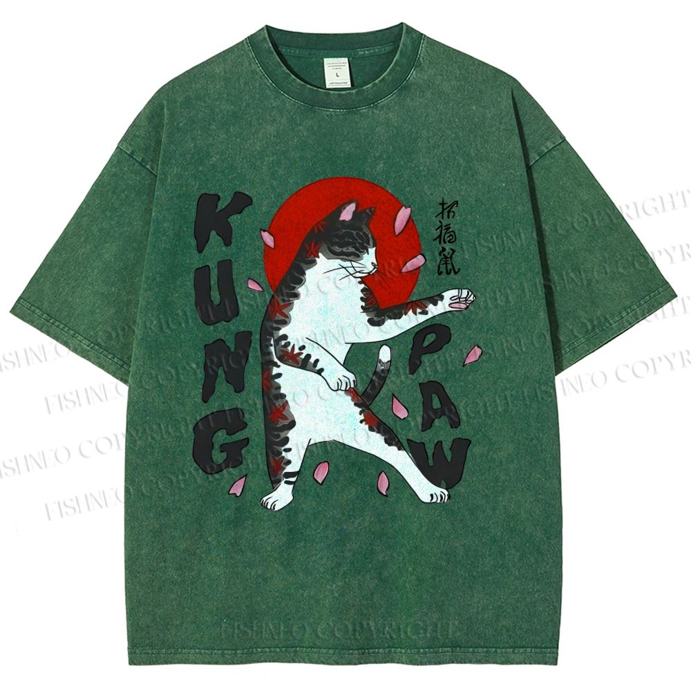 Unisex Kung Fu Cat Printed Washed Tee