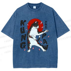 Unisex Kung Fu Cat Printed Washed Tee