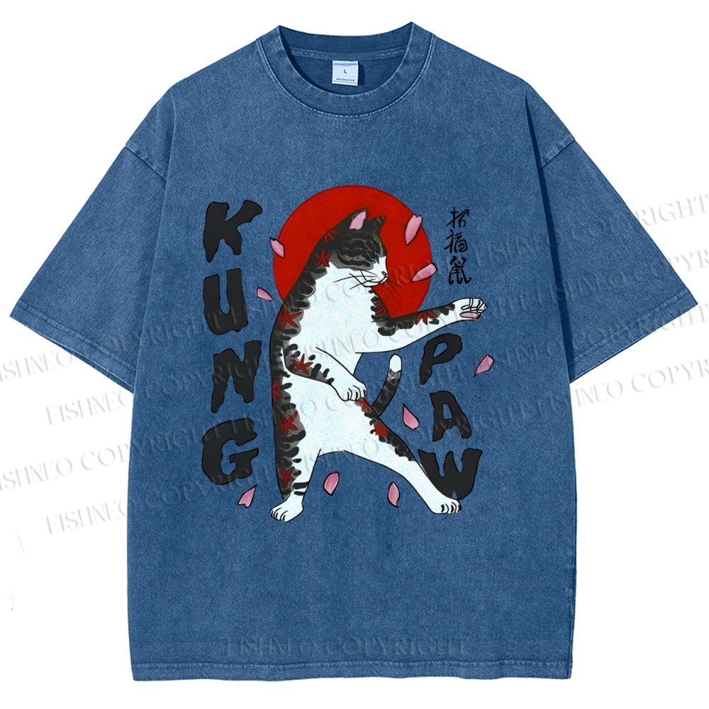 Unisex Kung Fu Cat Printed Washed Tee