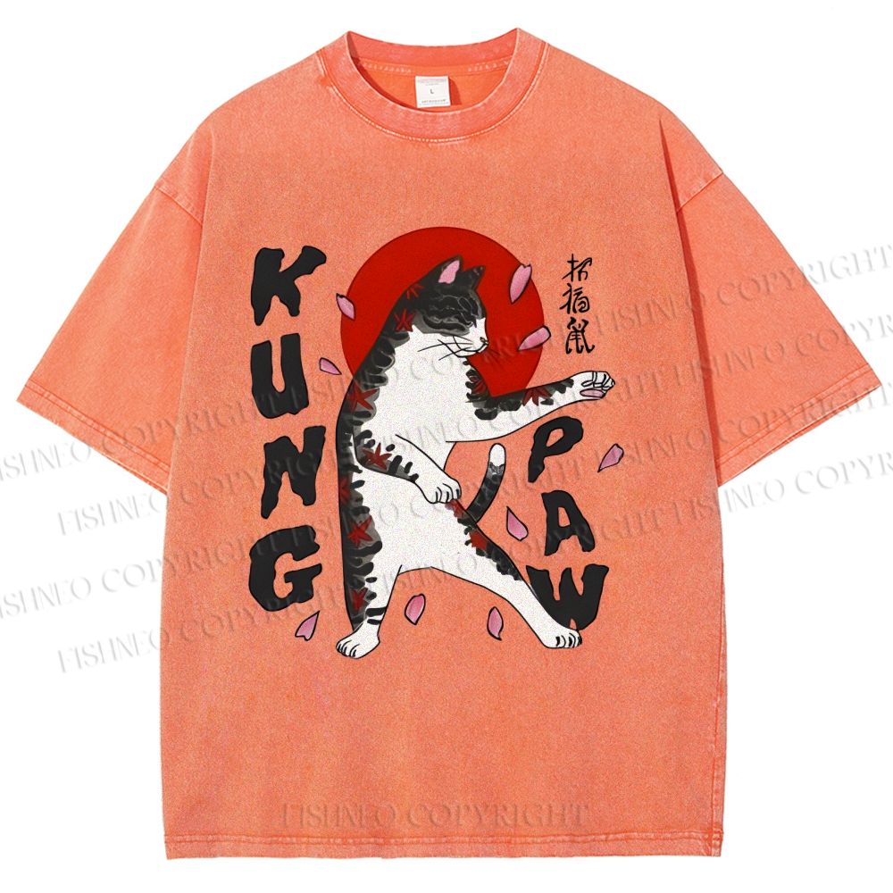Unisex Kung Fu Cat Printed Washed Tee
