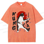 Unisex Kung Fu Cat Printed Washed Tee