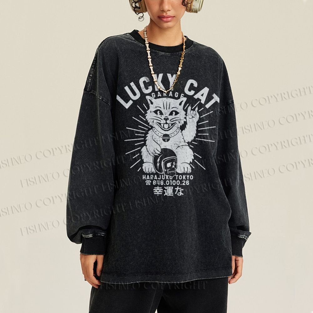 Unisex Casual Washed Lucky Cat Printed Long Sleeve T-shirt