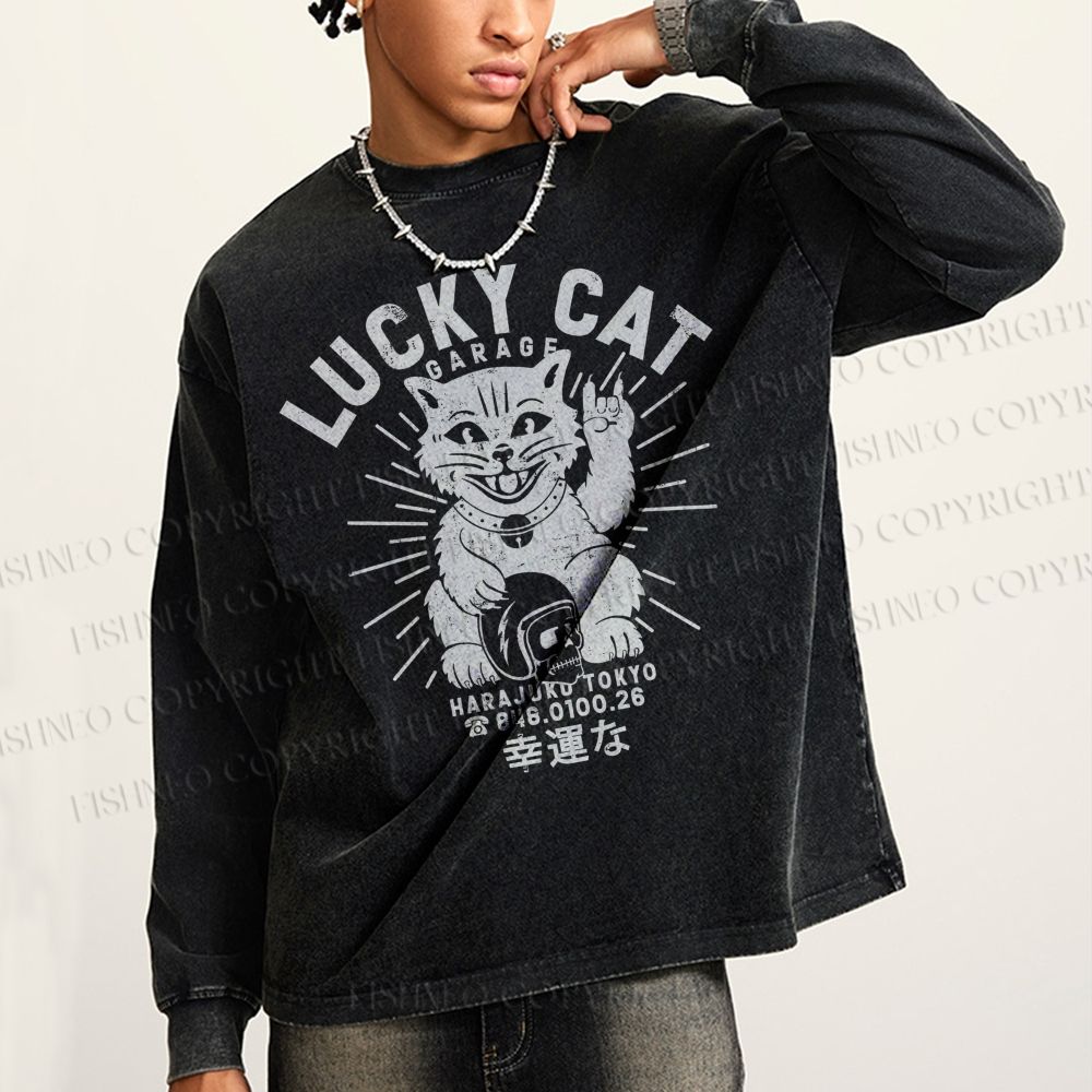 Unisex Casual Washed Lucky Cat Printed Long Sleeve T-shirt