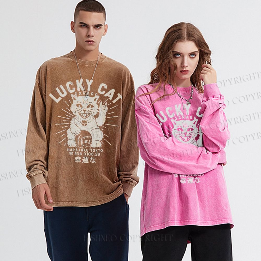 Unisex Casual Washed Lucky Cat Printed Long Sleeve T-shirt