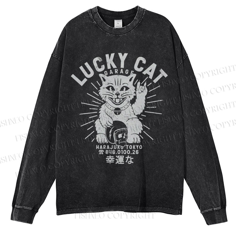 Unisex Casual Washed Lucky Cat Printed Long Sleeve T-shirt