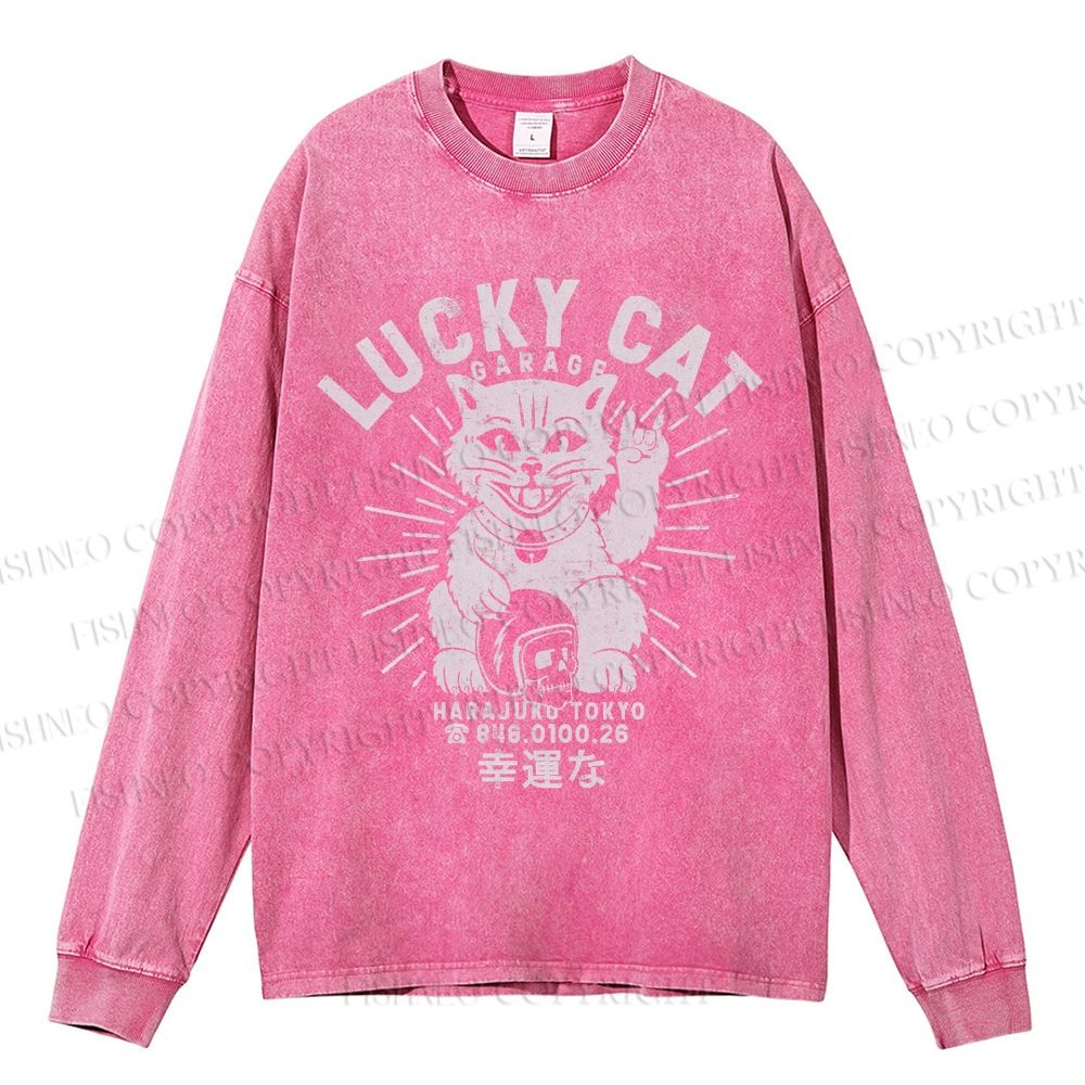 Unisex Casual Washed Lucky Cat Printed Long Sleeve T-shirt