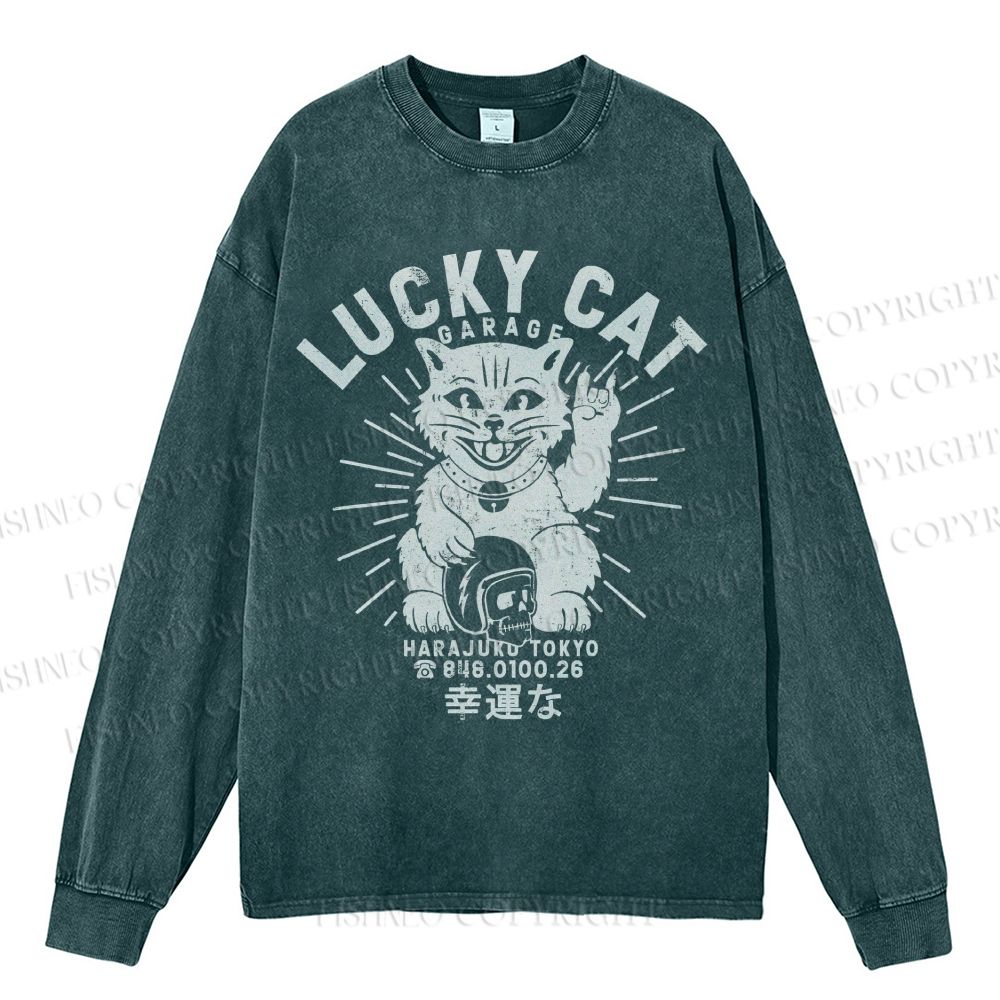 Unisex Casual Washed Lucky Cat Printed Long Sleeve T-shirt