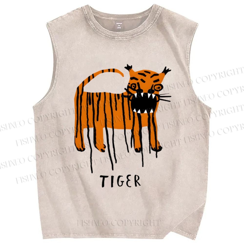 Unisex Tiger Printed Washed Tank Top