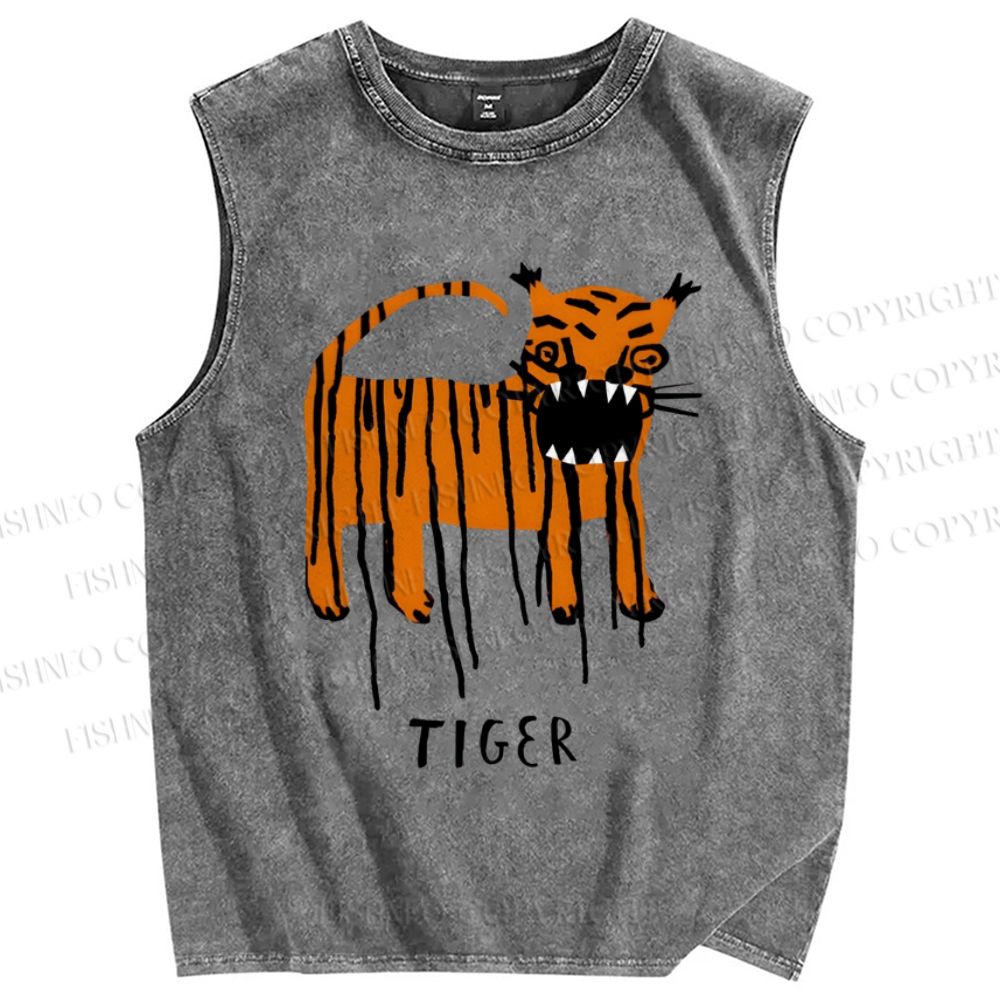 Unisex Tiger Printed Washed Tank Top