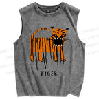 Unisex Tiger Printed Washed Tank Top