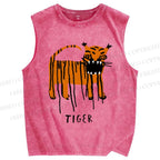 Unisex Tiger Printed Washed Tank Top