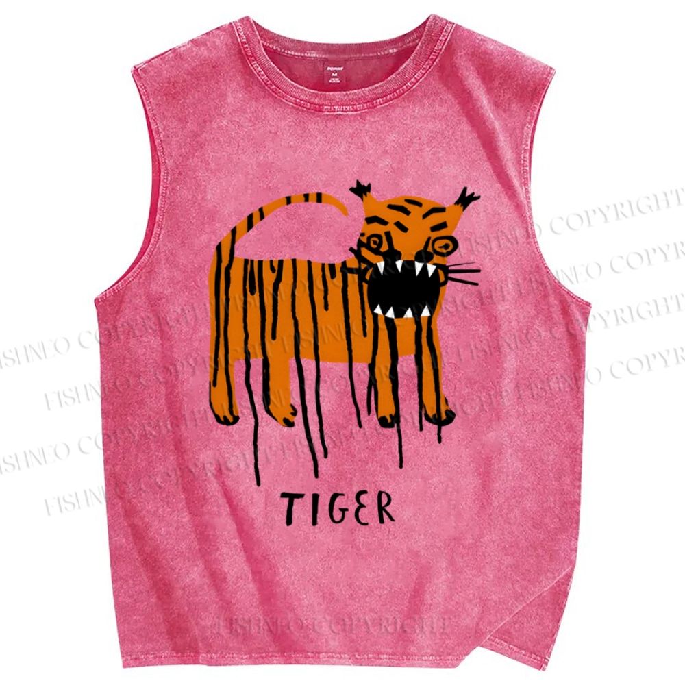 Unisex Tiger Printed Washed Tank Top