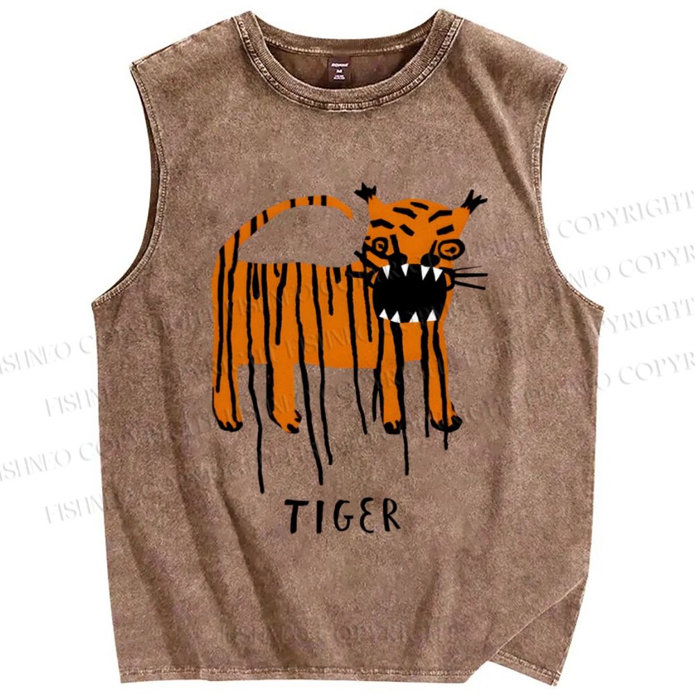 Unisex Tiger Printed Washed Tank Top