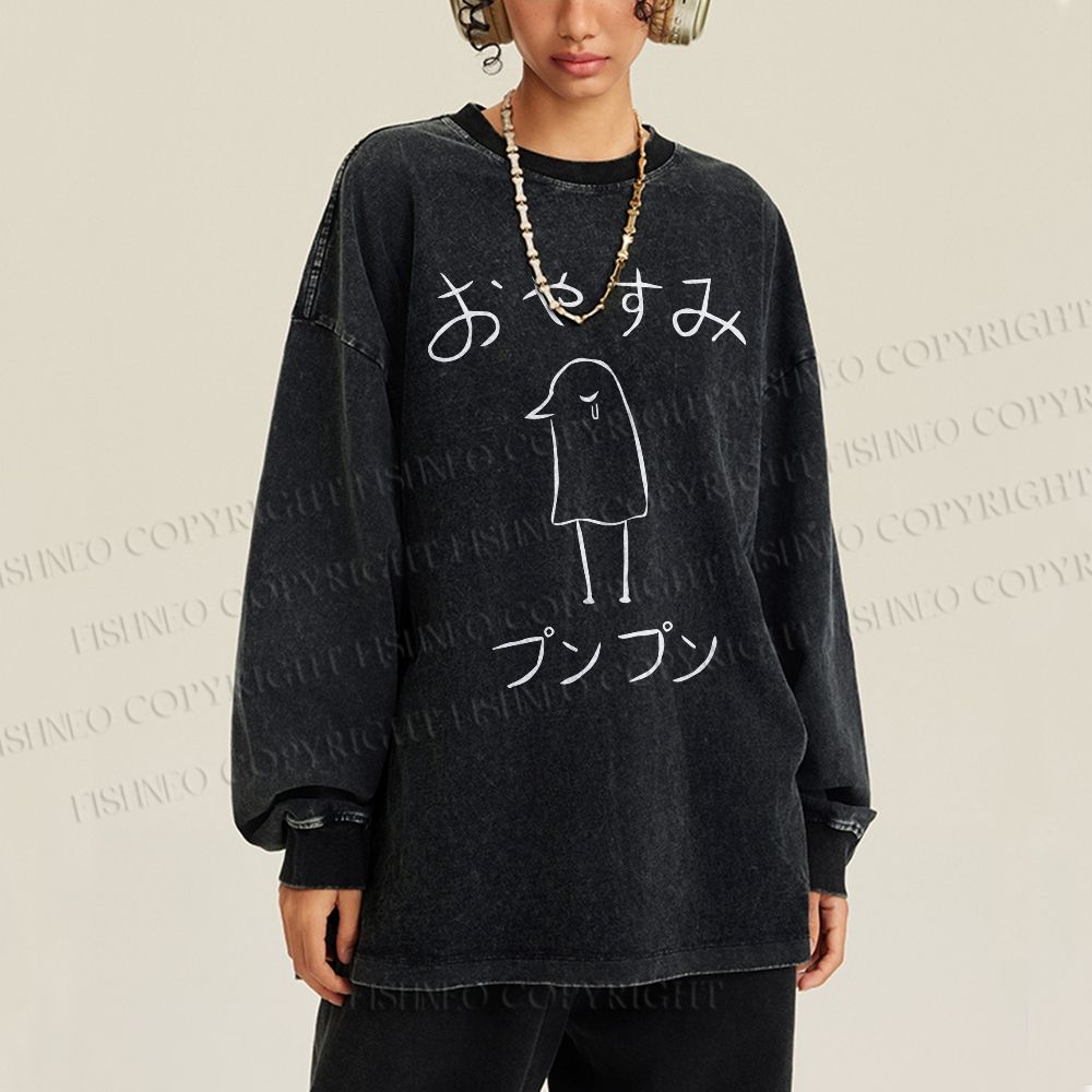 Unisex Casual Washed Oyasumi PunPun Printed Long Sleeve T-shirt